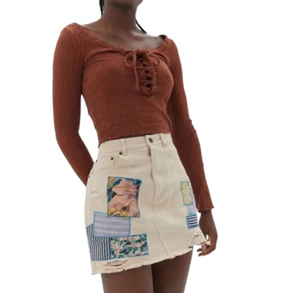 BDG Cream Mini Skirt with Patchwork Details